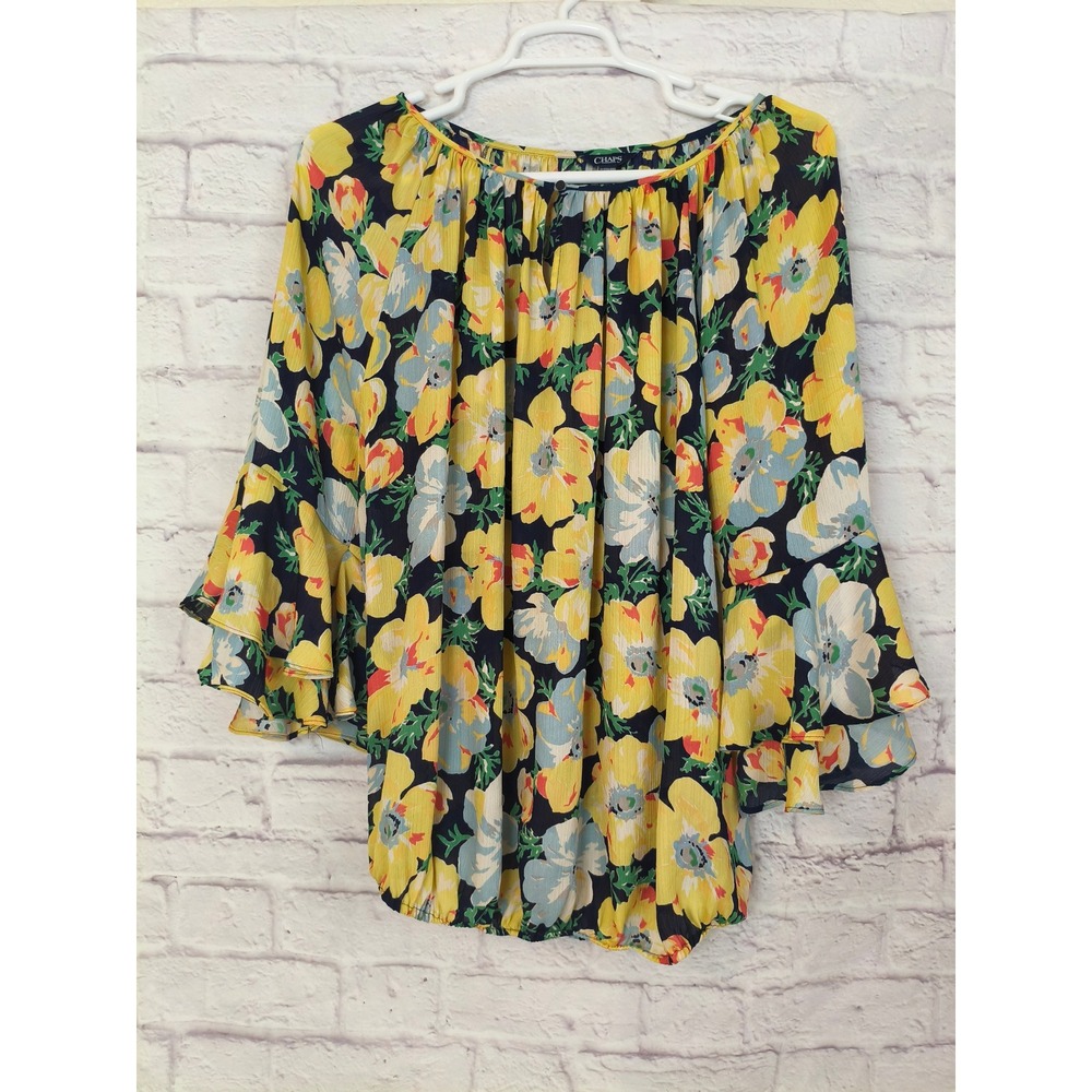 Chaps 3X Floral Bell Sleeve Blouse Navy Yellow Peasant Top Boho Flowy Chic
